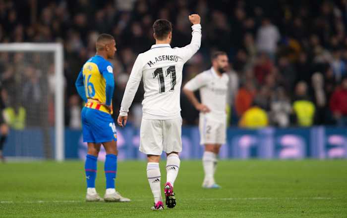 Marco Asensio pictured celebrating after scoring for Real Madrid against Valencia in February 2023